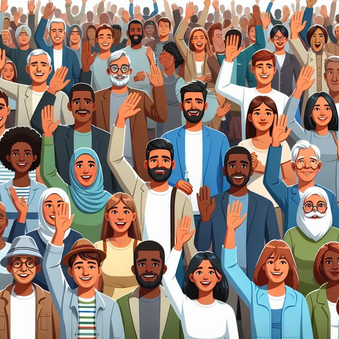 Diverse Animated Crowd Waving Joyfully | Embracing Diversity