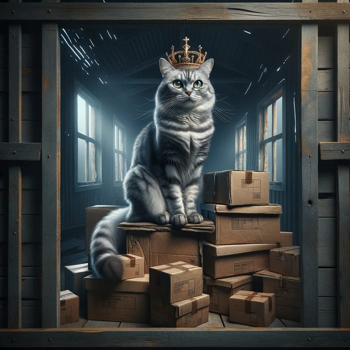 Regal Grey Striped Cat with Green Eyes Crowned Guardian in Abandoned House Atmosphere