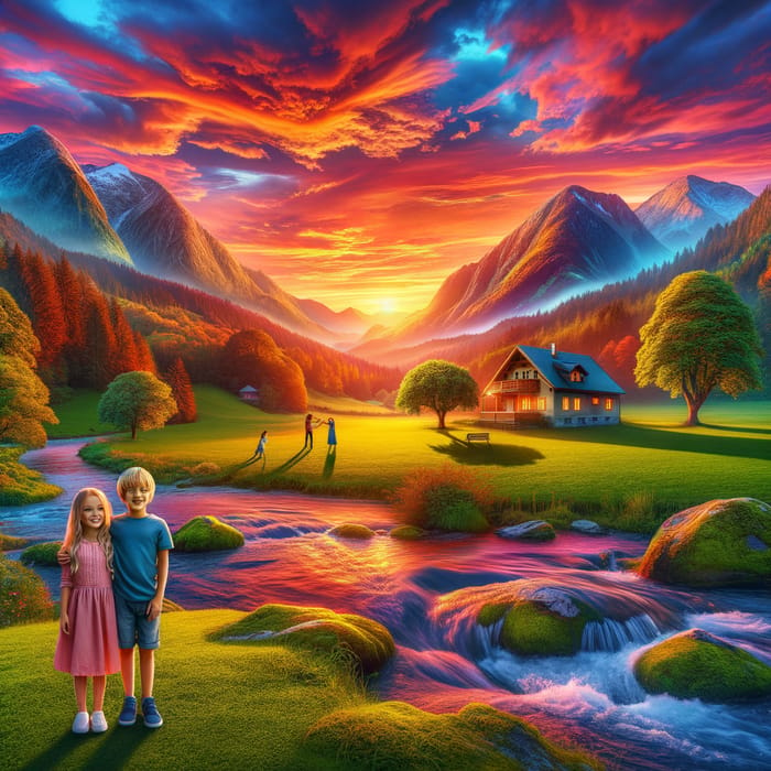Beautiful Sunset Painting Mountains, Small Cottage, Couple by Stream