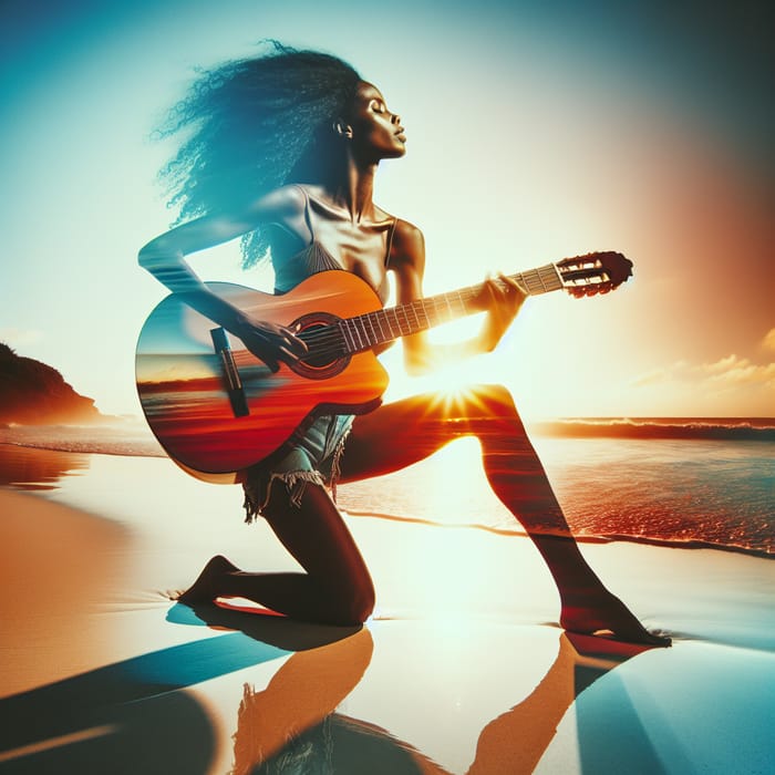 Dynamic Black Woman Playing Guitar on Vibrant Beach