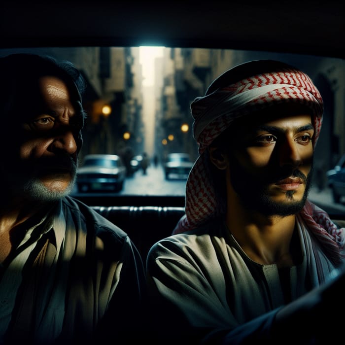Egyptian Father and Son: Driving Through Streets with Dramatic Lighting