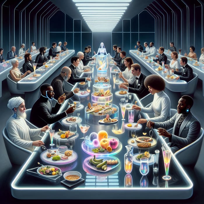 Futuristic Feast in 2050: A High-Tech Dining Experience Captured in Oil Painting Futuristic Feast in 2050: A High-Tech Dining Experience Captured in Oil Painting
