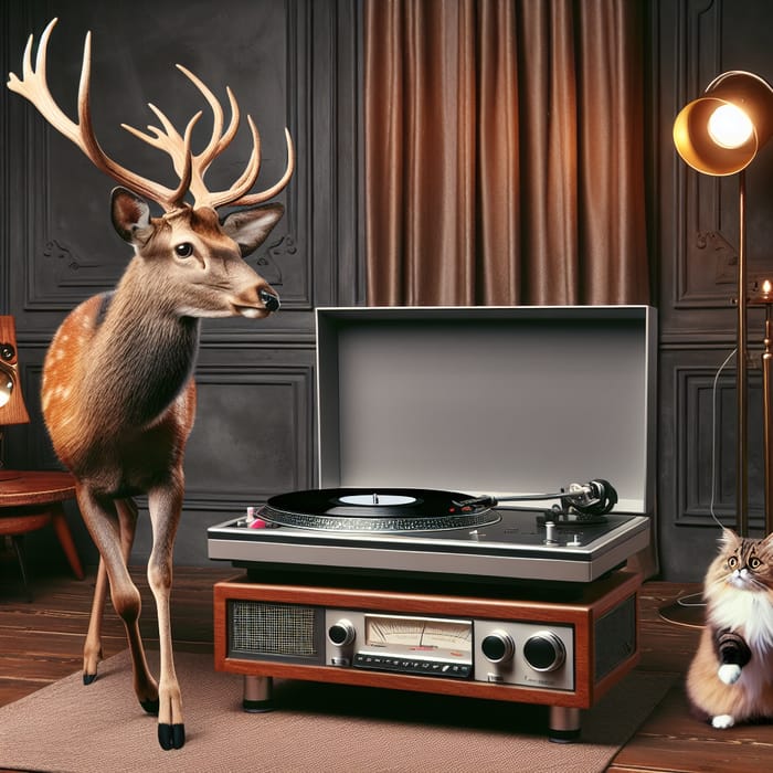 Deer DJ with Intricate Antlers Spinning Retro Turntables
