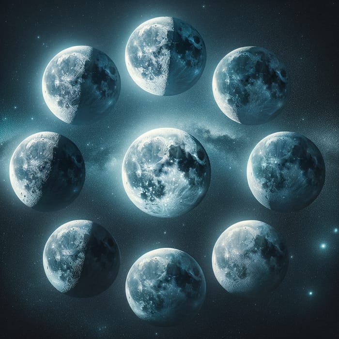Moon Phases: Cold & Faint Colors in Vast Cosmos