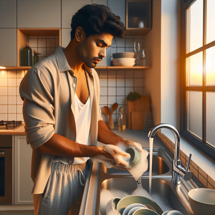 Stacked Dishwasher Image for South Asian Man in Kitchen