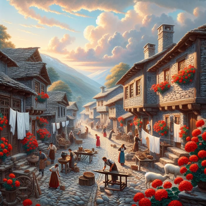 Timeless Traditional Village Scene with Vibrant Geranium Flowers and Lively Atmosphere