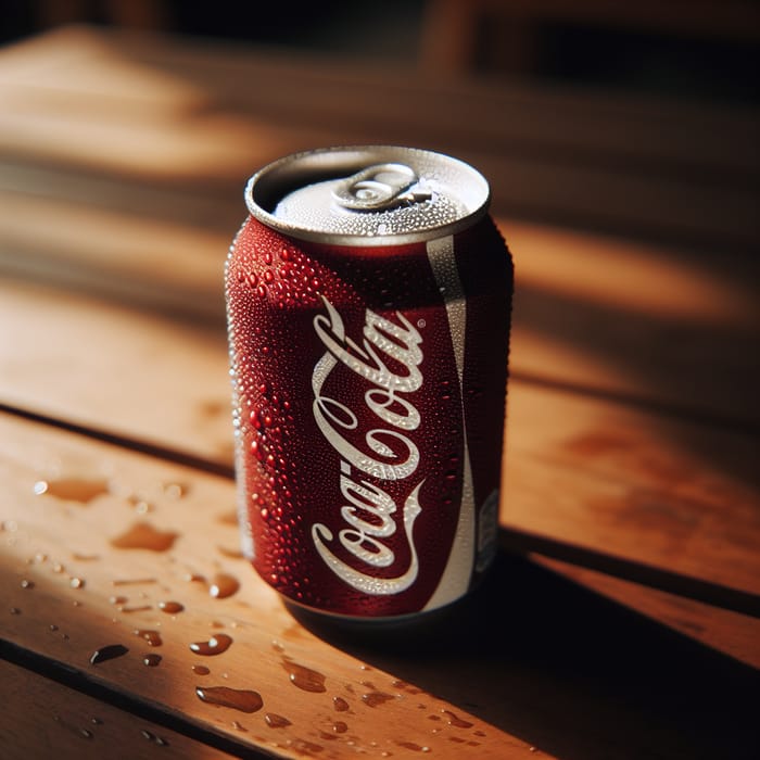 Refreshing Chilled Cola Can on Wooden Table