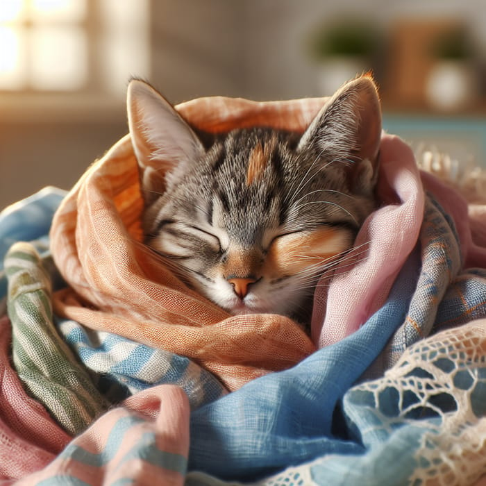 Snoozing Cutie: Delightful Cat in Colorful Fabric