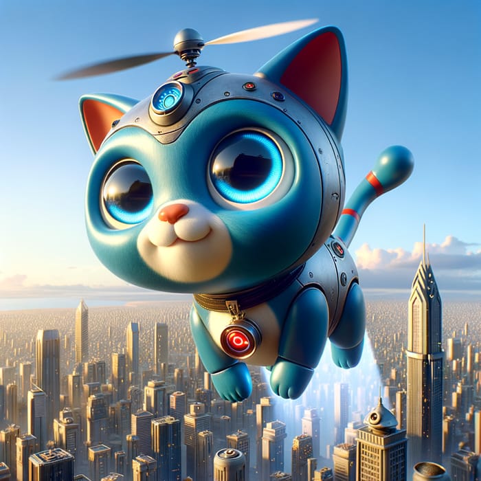 Friendly Blue Robot Cat Soaring Over Cityscape