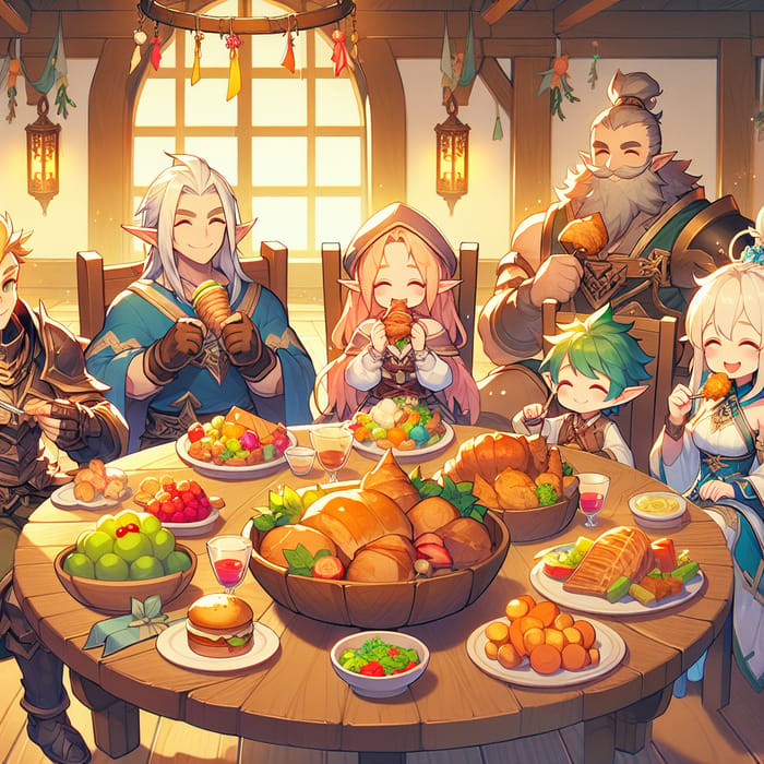 Fantasy Game Characters Enjoying Colorful Meals | Genshin Impact Theme