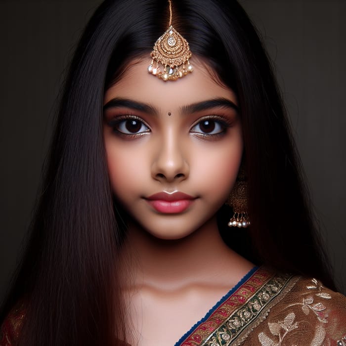 Beautiful 12yr Old Indian Girl in Traditional Costume, Long Hair, Closeup Portrait