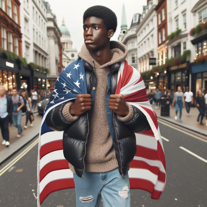 Young Black Male Student in London with American Flag