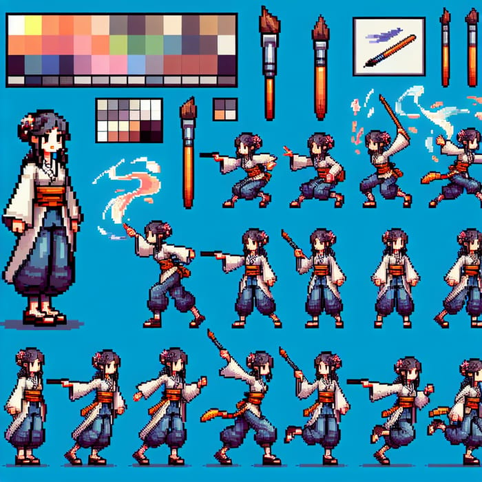 Detailed Pixel Art Sprite Sheet for Female Artist in a Video Game