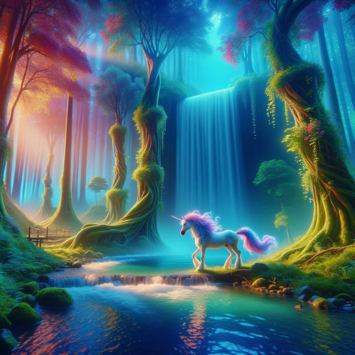 Mystical Forest Unicorn Standing Near Waterfall