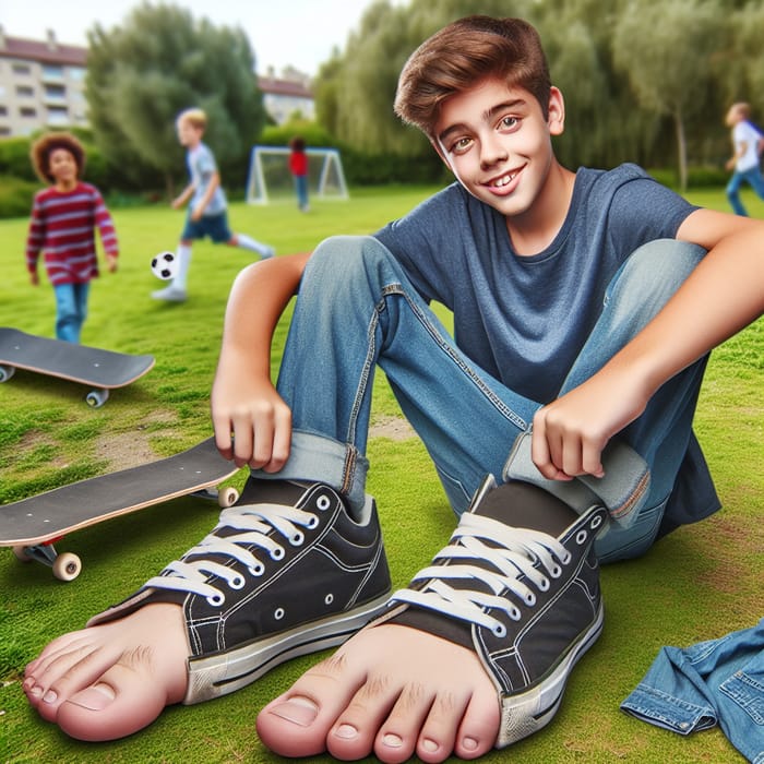 13-Year-Old Boy with Big Feet | Casual Style in Park Setting