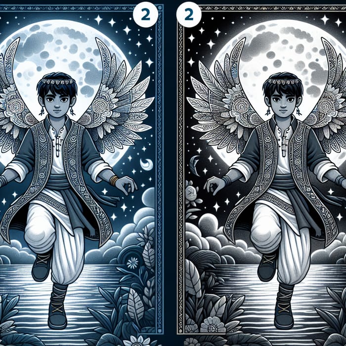 2D Illustrations Featuring South Asian Teen Boy with Unique Winged Outfits in Night Scenery