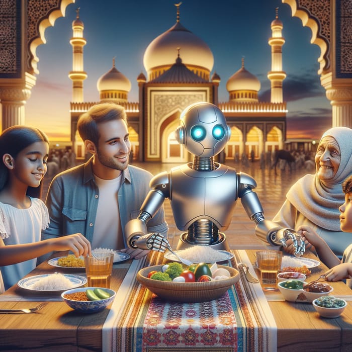Multicultural Ramadan Family Dinner at Mosque | Robot Serving with Diverse Members