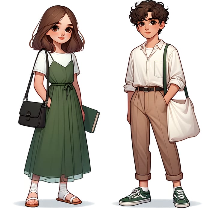 Middle-Eastern Girl in Green Dress and Caucasian Boy Fashion Pose
