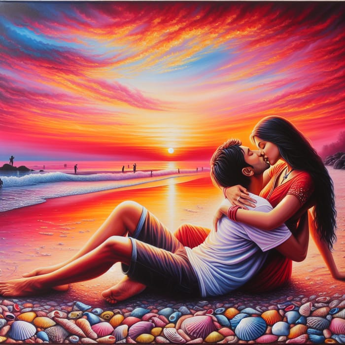 Romantic Sunset Kiss | Vibrant Colors Beach Embrace