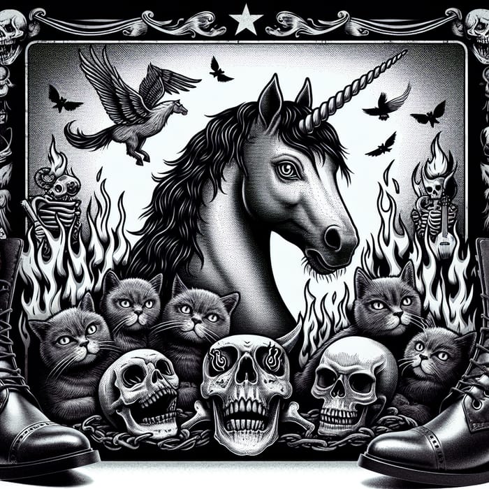 Gothic Unicorn Rock Album Cover with Grey Cats, Flaming Skulls & Leather-Booted Cow