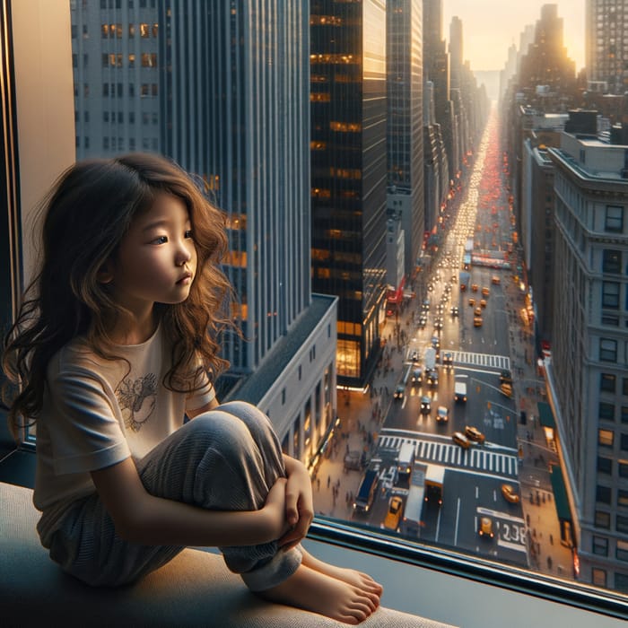 Girl with Curly Hair Contemplates NYC Streets | Urban Skyline View