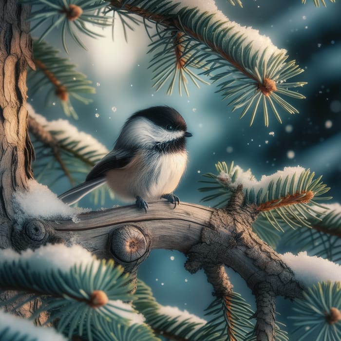 Chickadee on Pine Branch - Serene Winter Nature Scene