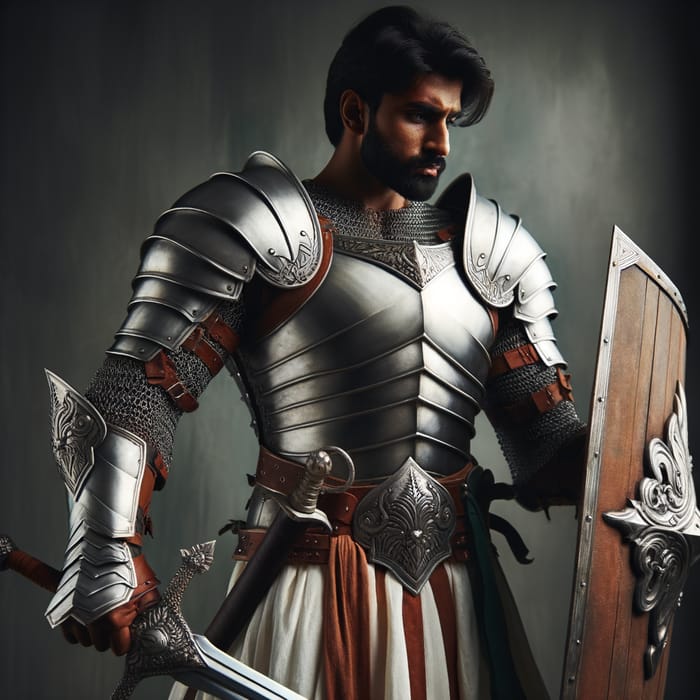 Strong Warrior in White Armor with Sword and Shield