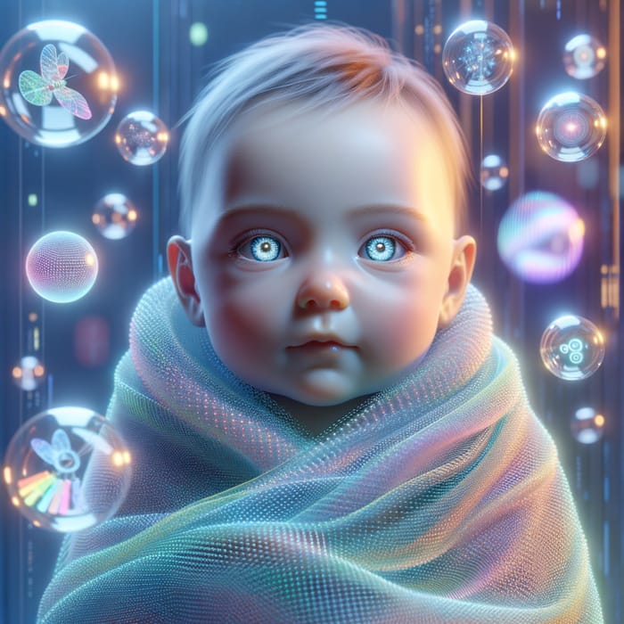 Futuristic Human Baby with Luminescent Skin and Holographic Toys