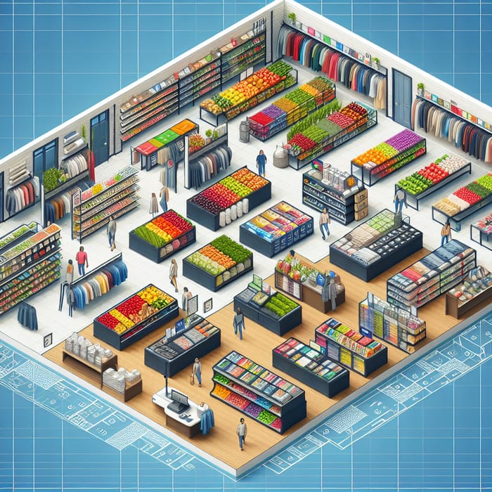 Vibrant Store Layout for Grocery, Clothing & Electronics