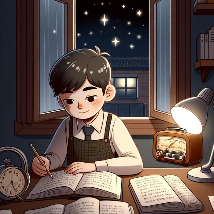 Boy Studying in Room with Night Sky Music