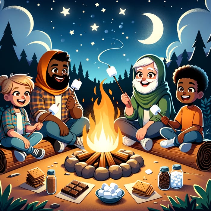 Cartoon S'mores Camping Fun with Diverse Characters