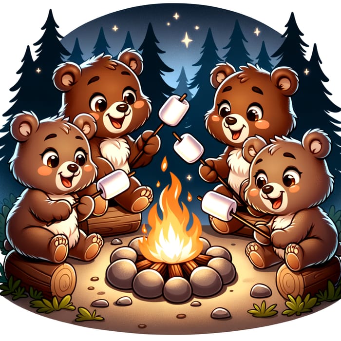 Adorable Brown Bear Cubs Roasting Marshmallows at Camp