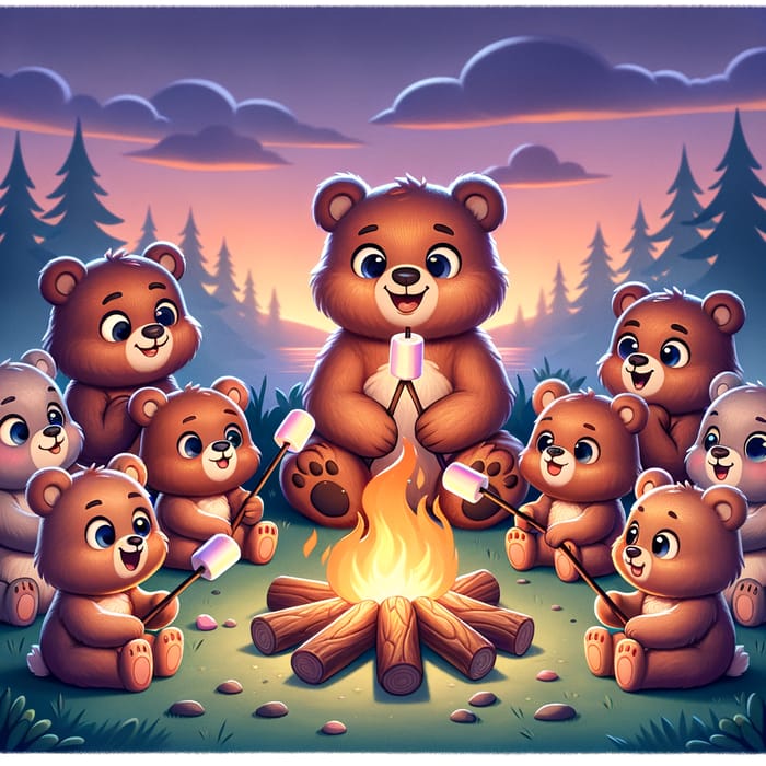 Brown Cartoon Bears Roasting Marshmallows by the Campfire