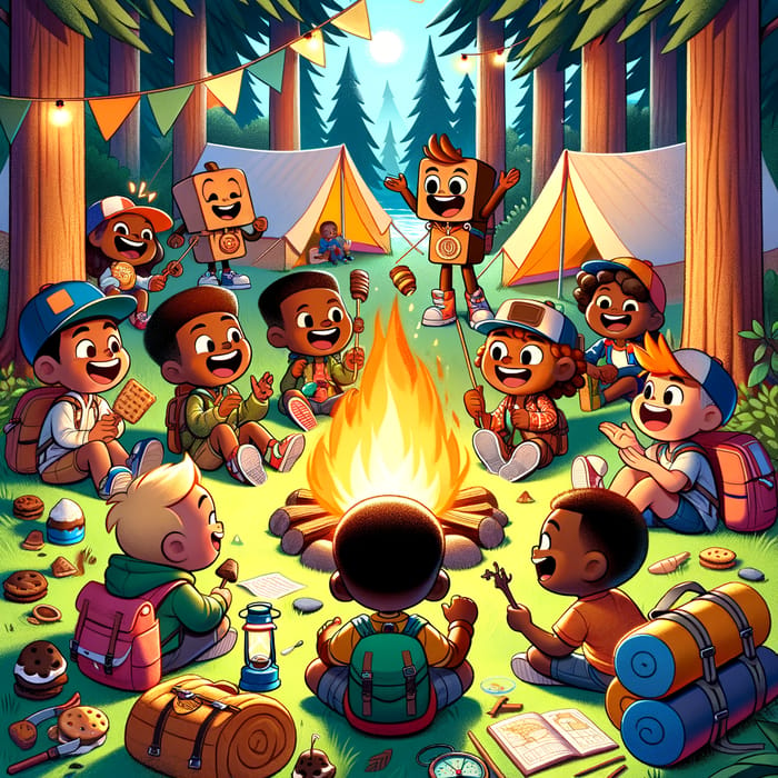 Adventure with Cartoon S'mores and African American Kids at Campground