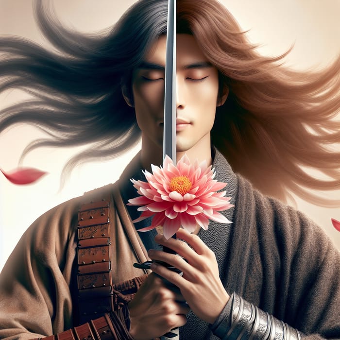 Tranquil Dao Warrior with Flowing Brown Hair, Sword, and Flower