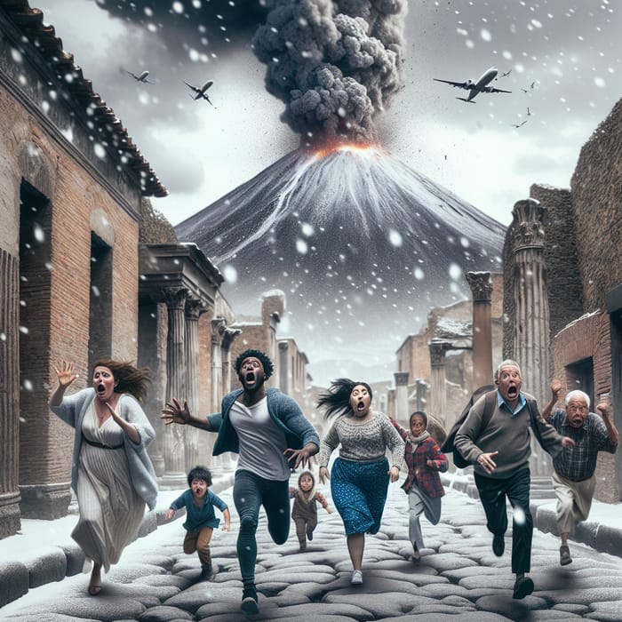 Dramatic Pompeii Escape: Snow-Covered Volcano Scene