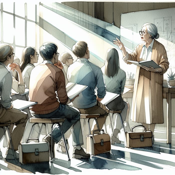 Captivating Watercolor Painting of Elderly Teacher and Diverse Adult Learners