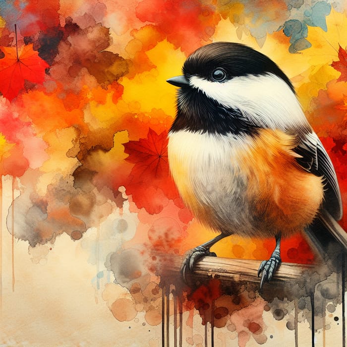 Large Chickadee against Vibrant Fall Watercolor Background