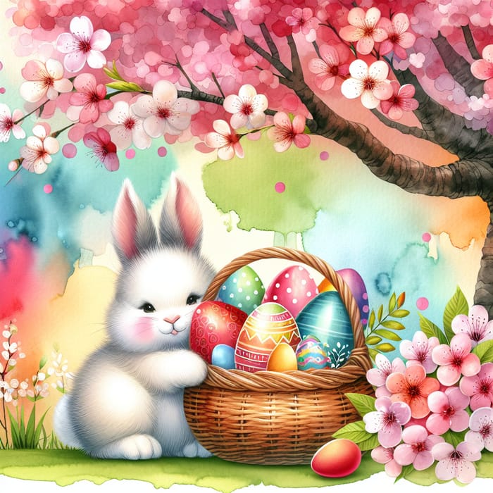 Charming Easter Bunny with Colorful Eggs | Cherry Blossom Tree