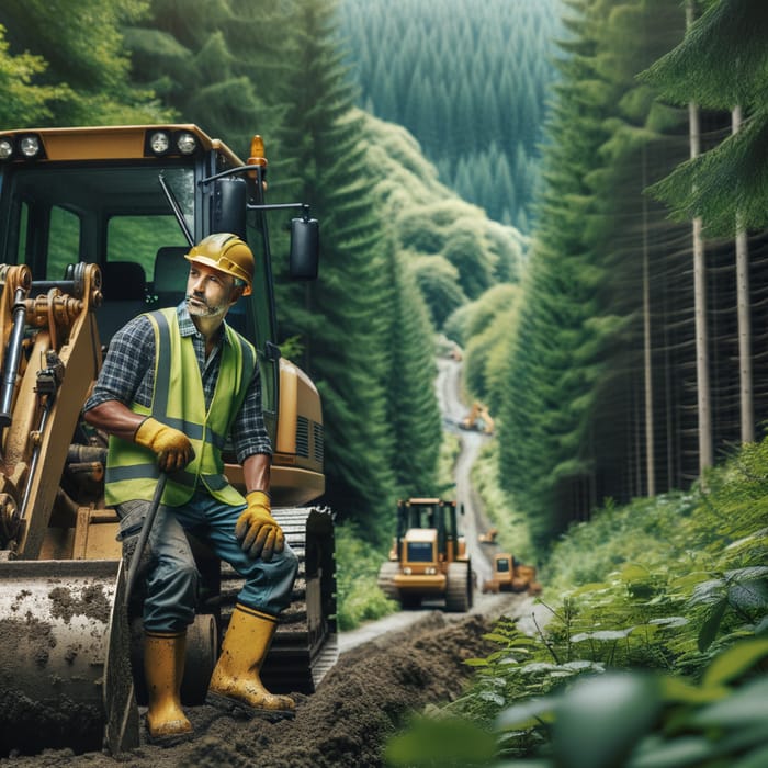 Road Worker Building in Verdant Forest: Infrastructure Creation