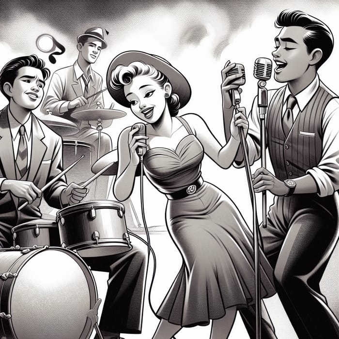 1930s Style Cartoon Rockabilly Band Performing Live in Nostalgic Monochrome Scene