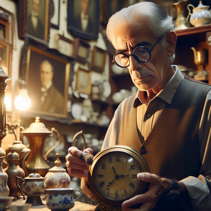 Elderly Hispanic Man in Antique Shop | Vintage Brass Clock and Treasures