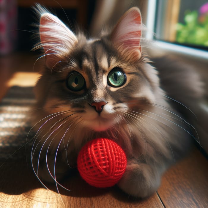 Cute Grey Cat Playing with Bright Red Ball