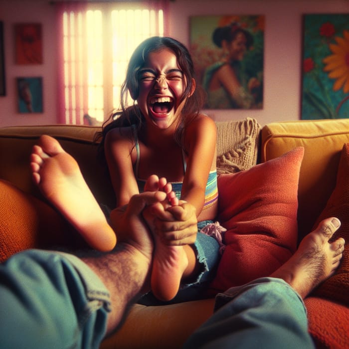Joyous Latina Teen Laughter on Cozy Couch | Warm Moment Captured