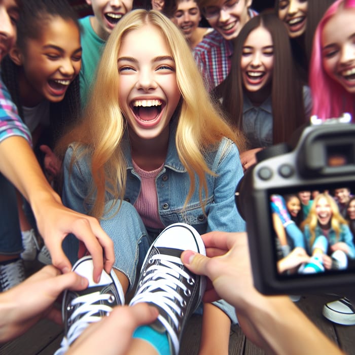 Joyful High School Scene with Blonde Student Tickled by Classmates