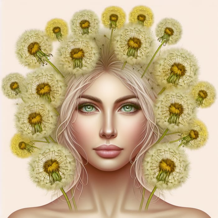 Captivating Blonde Woman with Dandelion Hair & Green Eyes