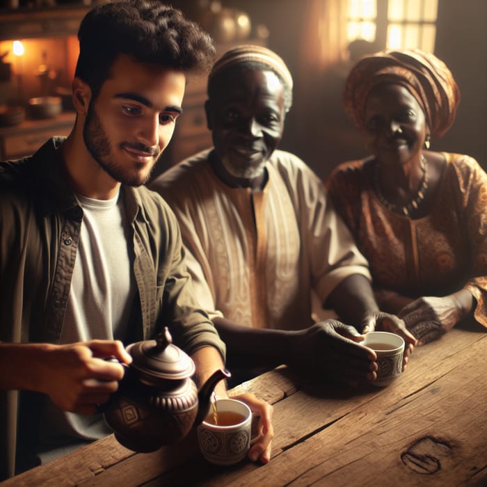 Young Man Pouring Tea for Parents - Heartwarming Moment