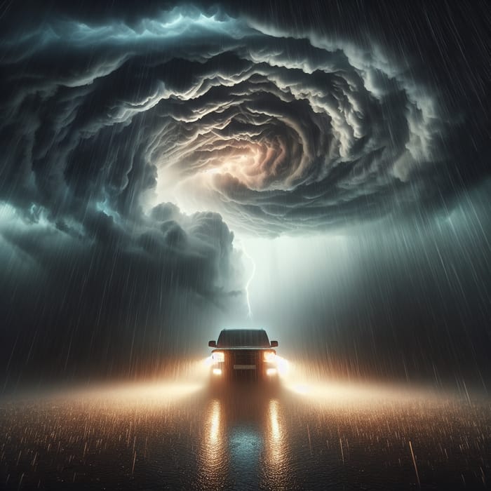 Dramatic Car in Storm with Nature's Power