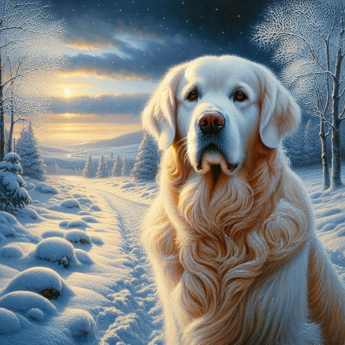 English Cream Golden Retriever Oil Painting in Snowy Sunrise Scene