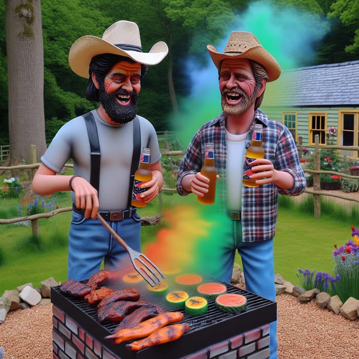 Cartoon Hillbillies Grilling Meat and Drinking Beer Outdoors